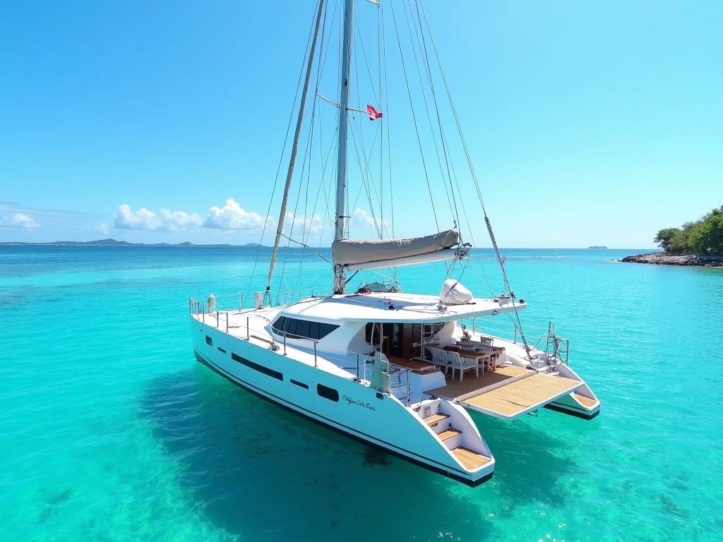 Sailing catamaran anchored in turquoise water near Nusa Lembongan