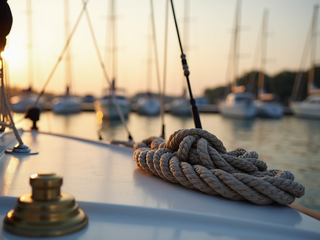 Morning departure detail at Benoa Harbour, ropes and brass cleat on a sailing yacht