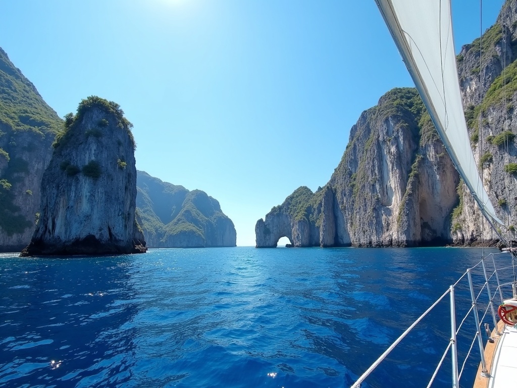 Nusa Penida cliffs seen from the deck of a sailing charter under sail