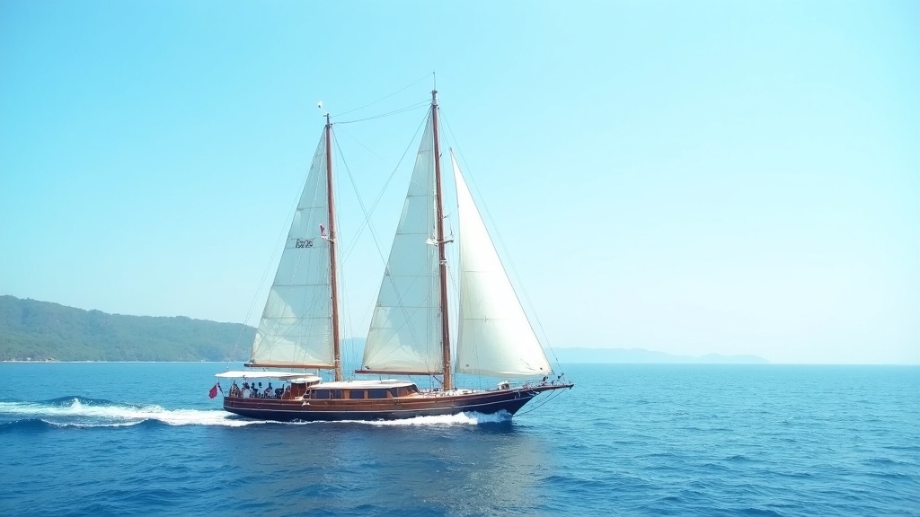 Sailing yacht under full sail on open water off Bali, engine off